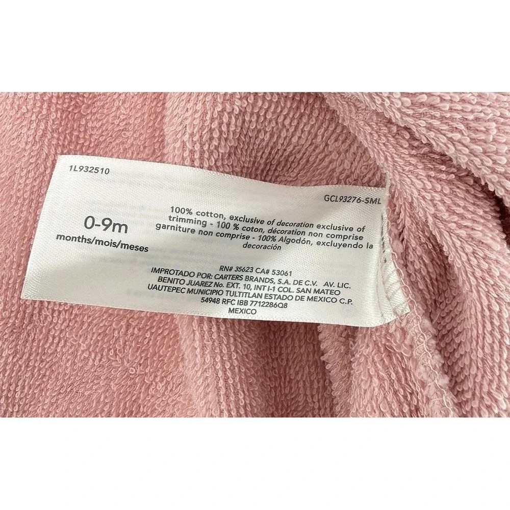 Carters Baby Girl Bunny Rabbit Hooded Robe Pink Cotton 0-9 Mo Baby‎ Essentials